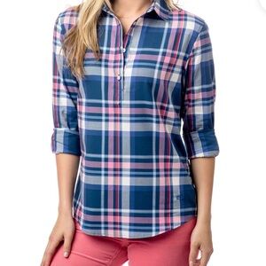 Southern Tide Women's Button Down Plaid Shirt , Navy and Pink cotton Large